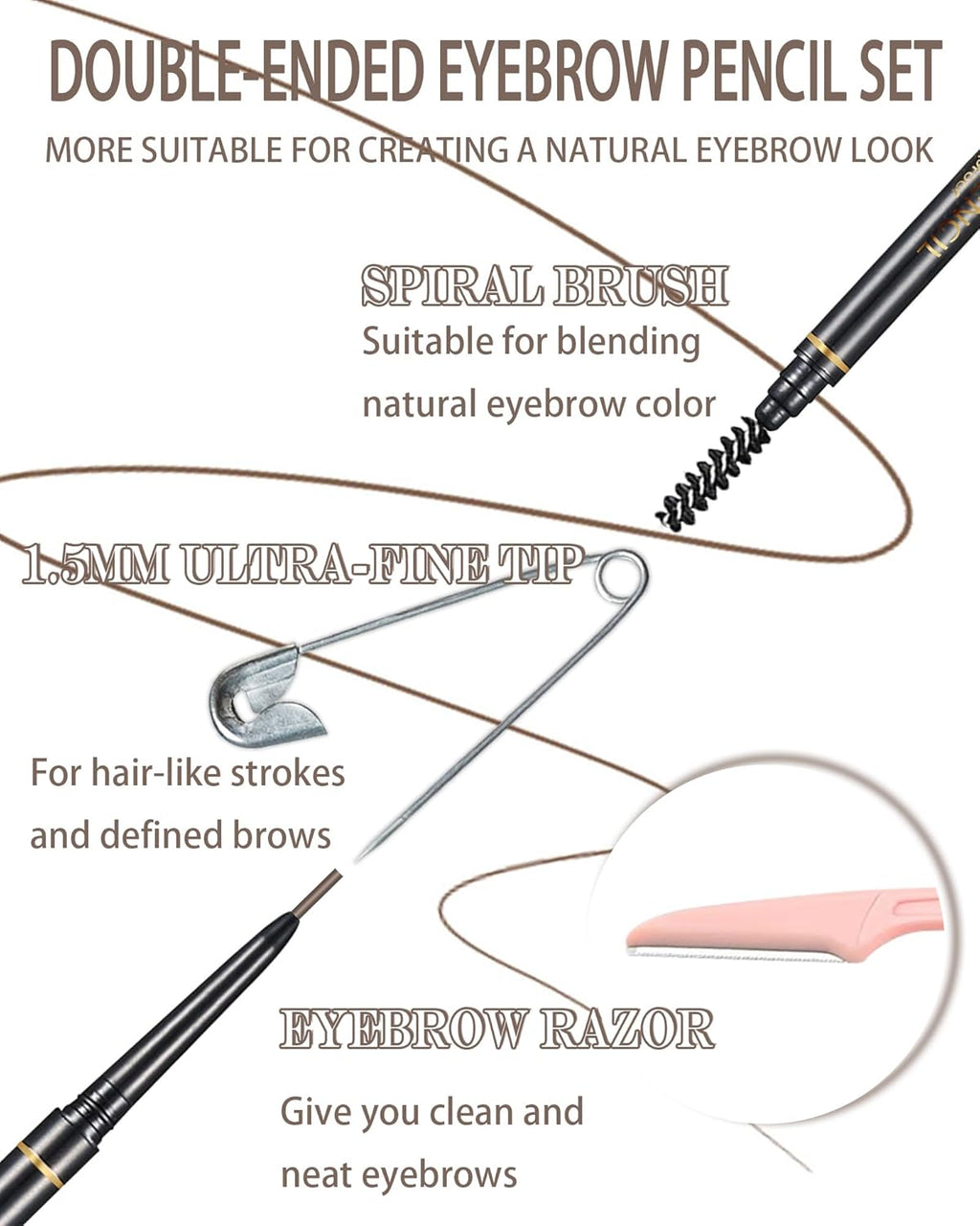 Dark Brown Eye Brow Pencils for Women, 6Pcs Waterproof Eyebrow Pencil, 1.5mm Micro-Fine Tip & Spiral Brush with Brow Razors Perfect for Creating a Natural and Delicate Eyebrow Look Makeup