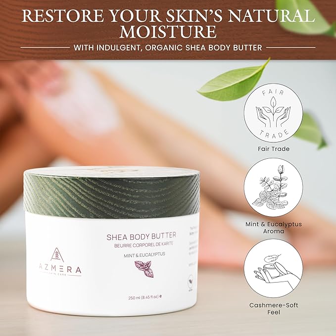 AZMERA Shea Body Butter - Organic Body Butter for Women & Men Dry Skin Rich in Antioxidants & Vitamin E - Vegan Shea Butter Moisturizer, Raw Shea Butter from Africa (Mint&Eucalyptus, 250ml)