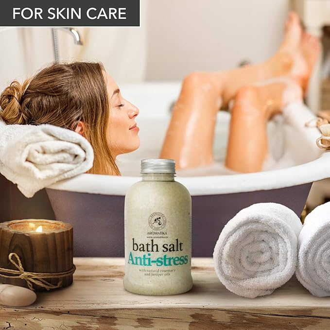 De-Stress Bath Salt 21.16 Oz w/Natural Rosemary & Juniper Oils - Natural Bath Sea Salts 600g - Best for Good Sleep - Relaxing - Calming - Body Care - Beauty - Aromatherapy