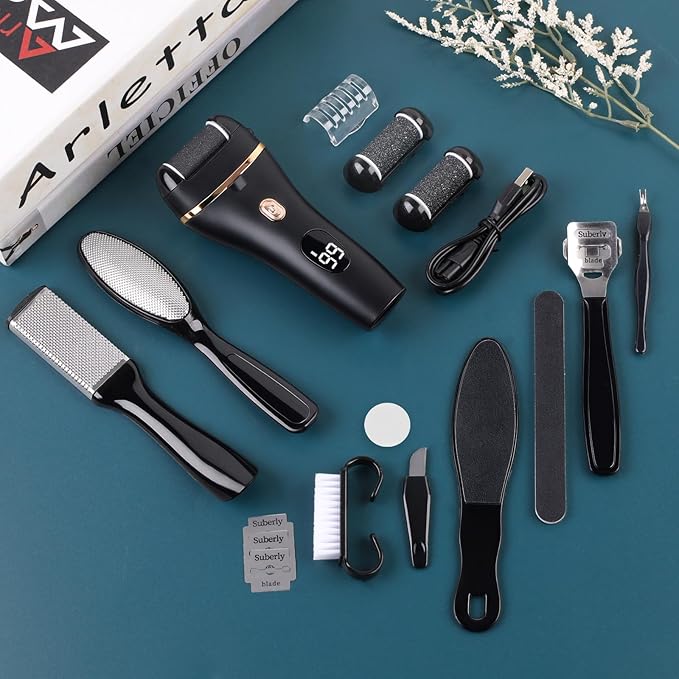 Electric Foot Scrubber, 17-in-1 Pedicure Kit, Callus Remover for Feet Electric Foot File for Dry Dead Skin, 3 Rollers, Battery Display, Black