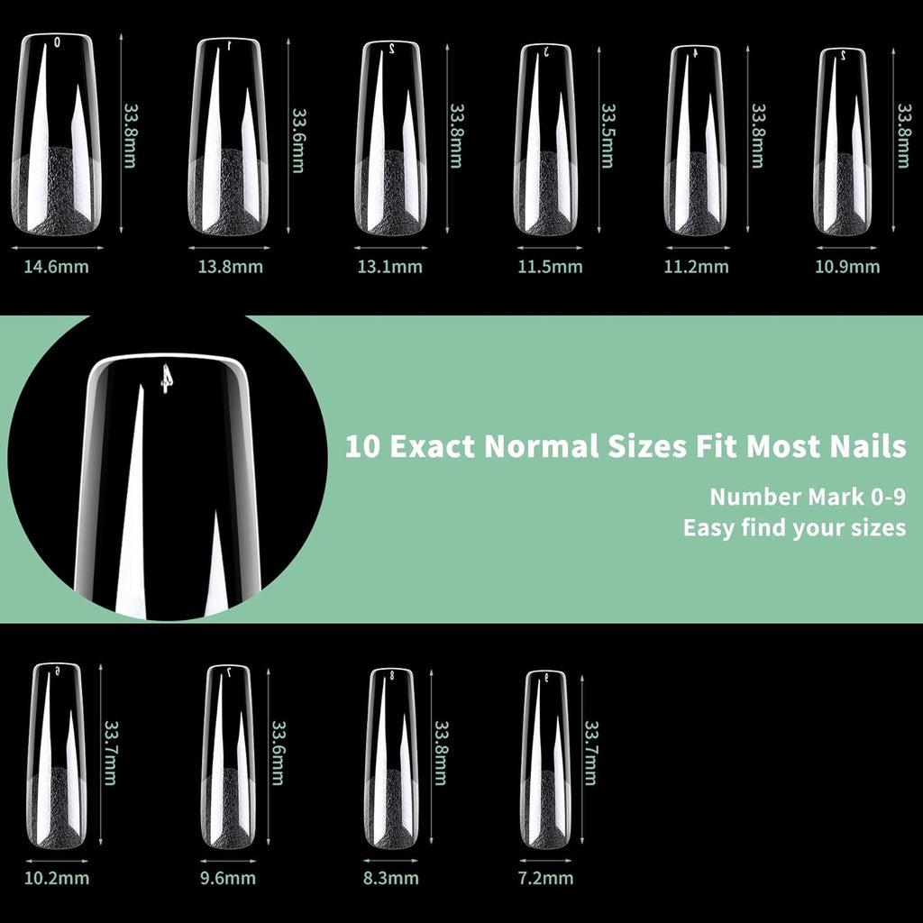 Long Square Nail Tips, 216pcs Acrylic Fake Nails Gel Nail Tips Soft, Full Cover Pre-Shaped Matte Clear Press on Nails for Extension, Diy at Home Manicure 10 Sizes