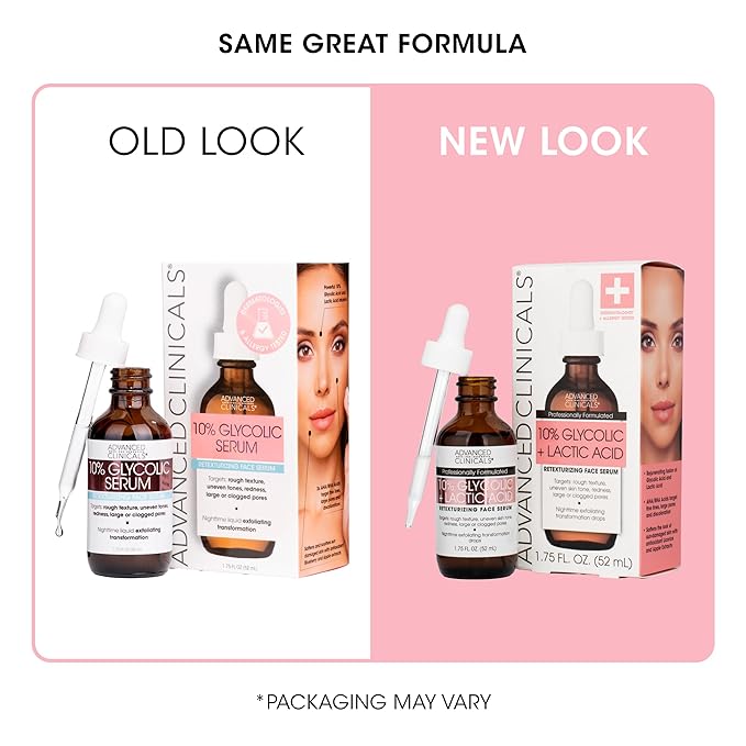 Advanced Clinicals Exfoliating 10% Glycolic Acid Serum For Face + Lactic Acid | Facial Exfoliant AHA + Salicylic Acid Serum To Improve Look Of Large Pores, Uneven Skin Tone, & Dark Spots, 1.75 FL Oz