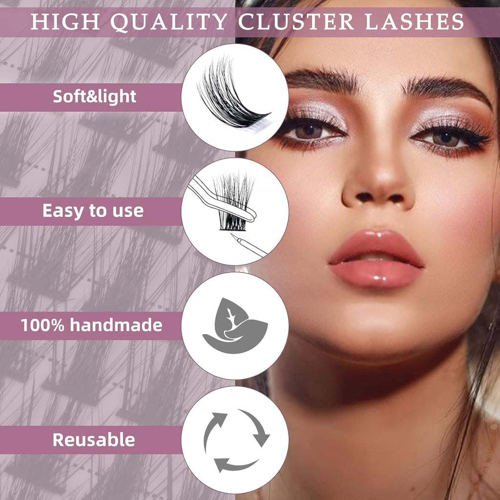 QUEWEL Cluster Lashes 72 Pcs Wide Stem Individual Lashes C/D Curl 8-16mm Length DIY Eyelash Extension False Eyelashes Soft for Personal Makeup Use at Home (natural02-C-16)