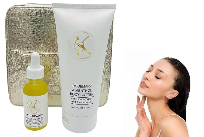 Katz Beauty Rosemary & Menthol Body Butter with Shea Butter and Avocado Oil 6 oz with Miracle Beauty Oil 1 oz and Cosmetic Bag