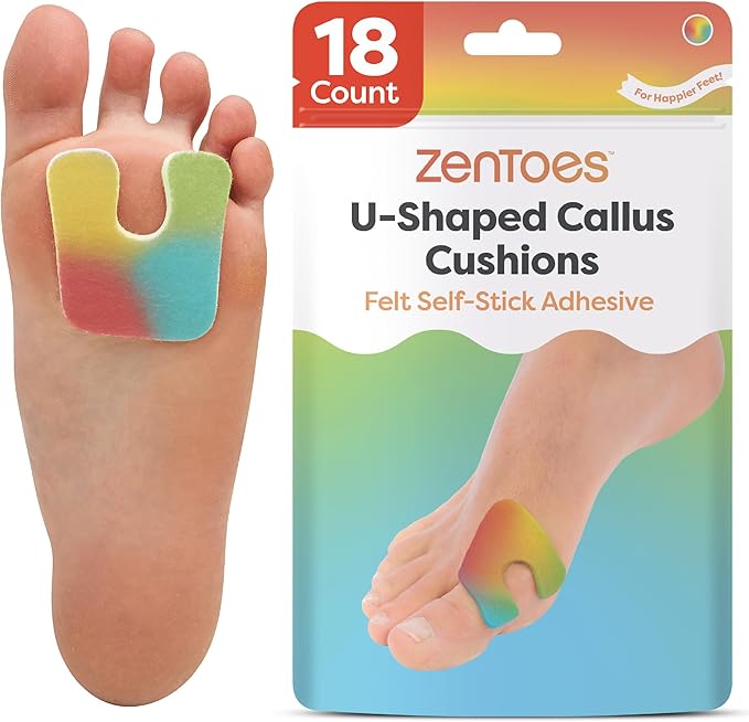 ZenToes Callus Pads | U-Shaped Design Moleskin Blister Pads | Self-Stick Adhesive Felt All Day Comfort Cushions for Calluses and Corns | Reduce Pressure and Friction | 18 Count (ZenRainbow)