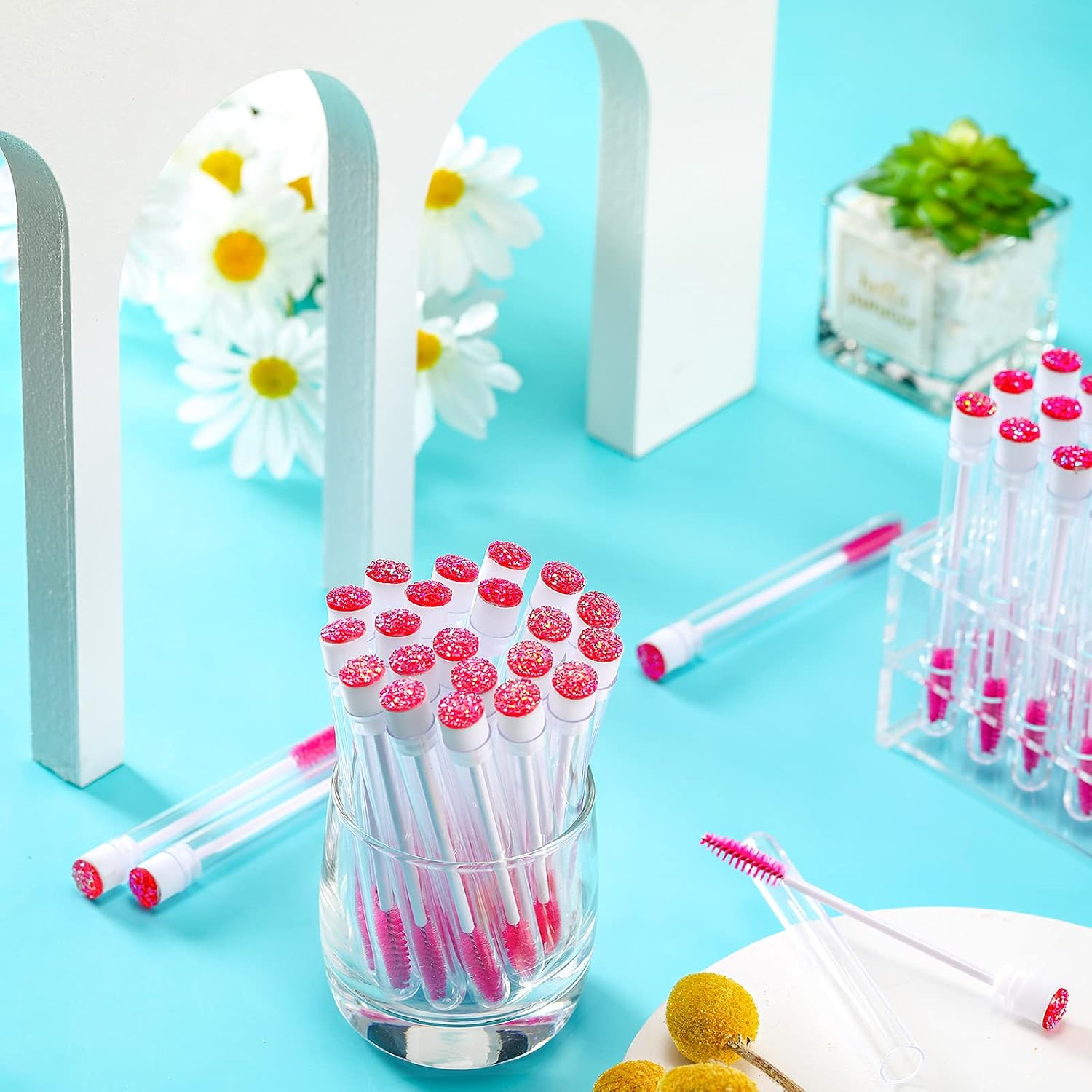 80 Pieces Disposable Mascara Brushes Tubes Set, 40 Pieces Empty Mascara Wand Tube with 40 Pieces Eyelash Brush Makeup Tool for Eyelash Extension(Pink Snowflake Style)