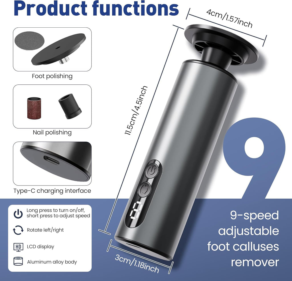 Electric Foot Callus Remover,2 in1 Rechargeable Callus Remover for Feet,9-Speed Wireless Electric Foot File Nail Grinder,Foot Scrubber Pedicure Tools for Dead Skin Dry Cracked Feet(Black MINI)
