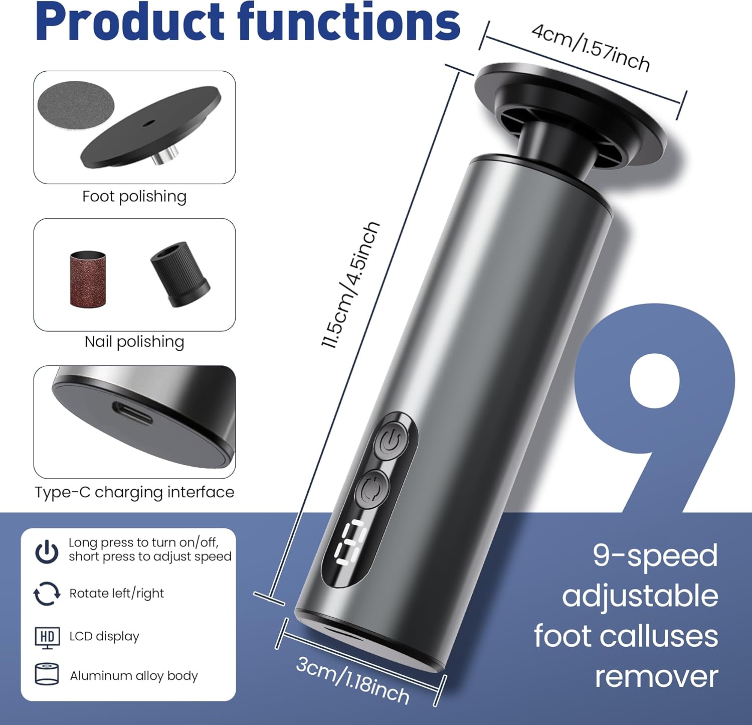 Electric Foot Callus Remover,2 in1 Rechargeable Callus Remover for Feet,9-Speed Wireless Electric Foot File Nail Grinder,Foot Scrubber Pedicure Tools for Dead Skin Dry Cracked Feet(Black MINI)
