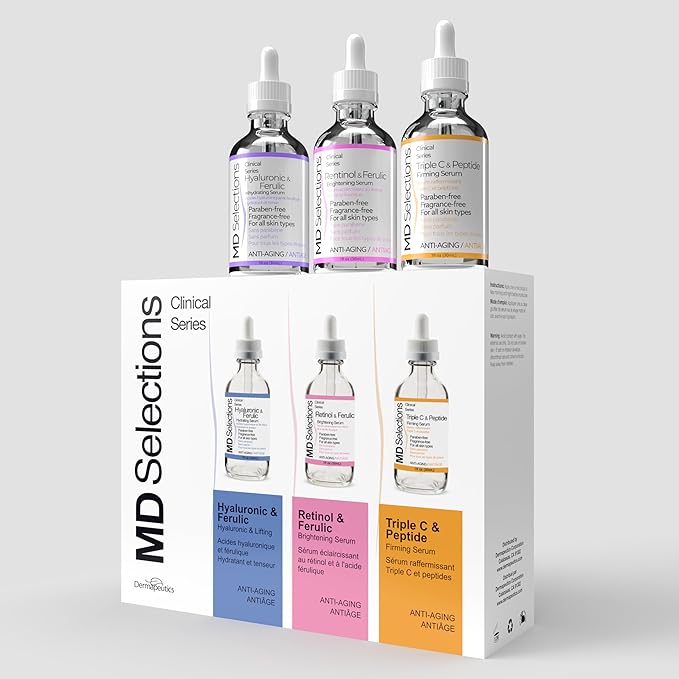 [3-PACK] MD Selections Retinol Hyaluronic Ferulic Triple C Peptide Lifting Serum Bundle for Face, 3 Fl Oz - Skin Firming Plumping Boost Collagen