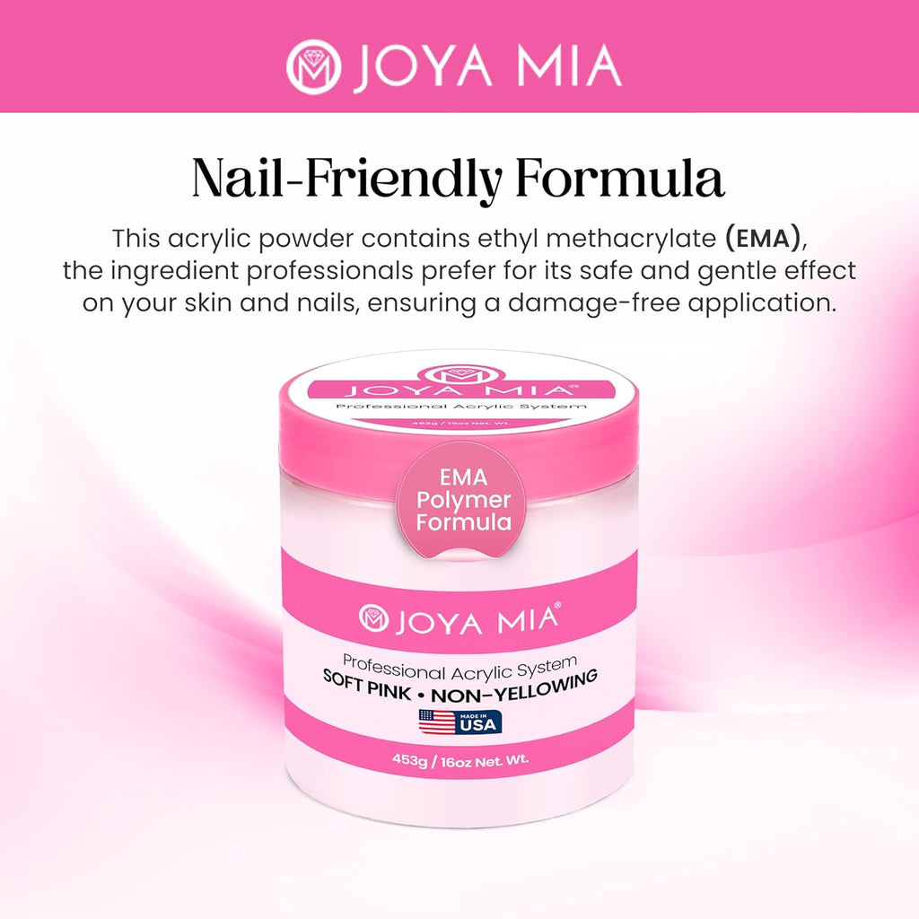 Joya Mia Acrylic Powder for Nails, MMA-Free, Super Adhesion Professional Powder for Flawless & Long-Lasting Nail Enhancements, Easy Application, Vibrant & Stunning Colors - Soft Pink, 16 oz