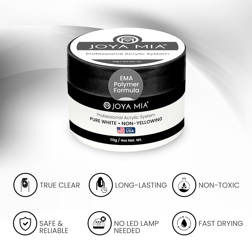 Joya Mia Acrylic Powder for Nails, MMA-Free, Super Adhesion Professional Powder for Flawless & Long-Lasting Nail Enhancements, Easy Application, Vibrant & Stunning Colors - Pure White, 4 oz