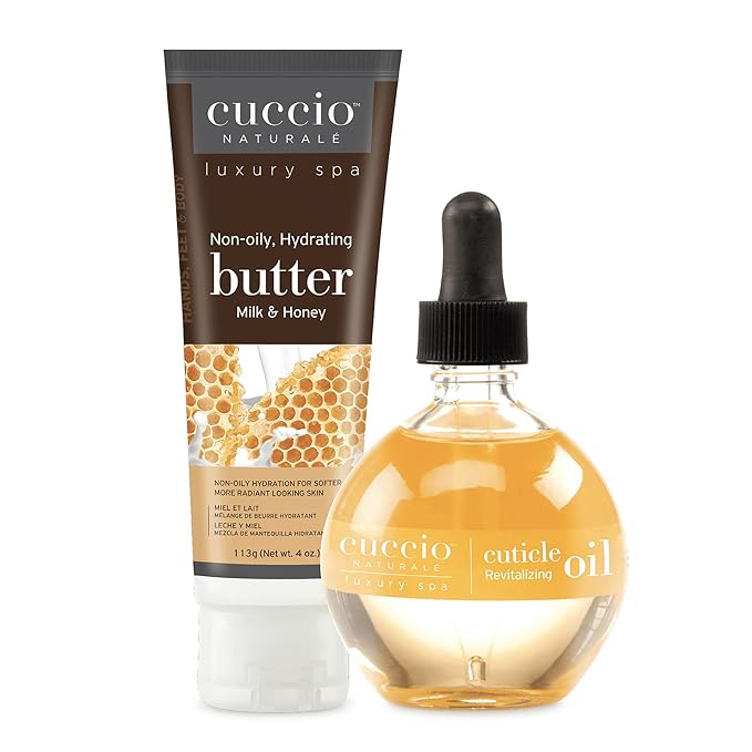 Cuccio Naturale Luxury Spa Hydration Essentials Set - Provides Nourishing Hydration - Soothes And Softens The Skin - Delivers A Relaxing Feeling - Milk And Honey - 2 Pc Body Butter And Cuticle Oil