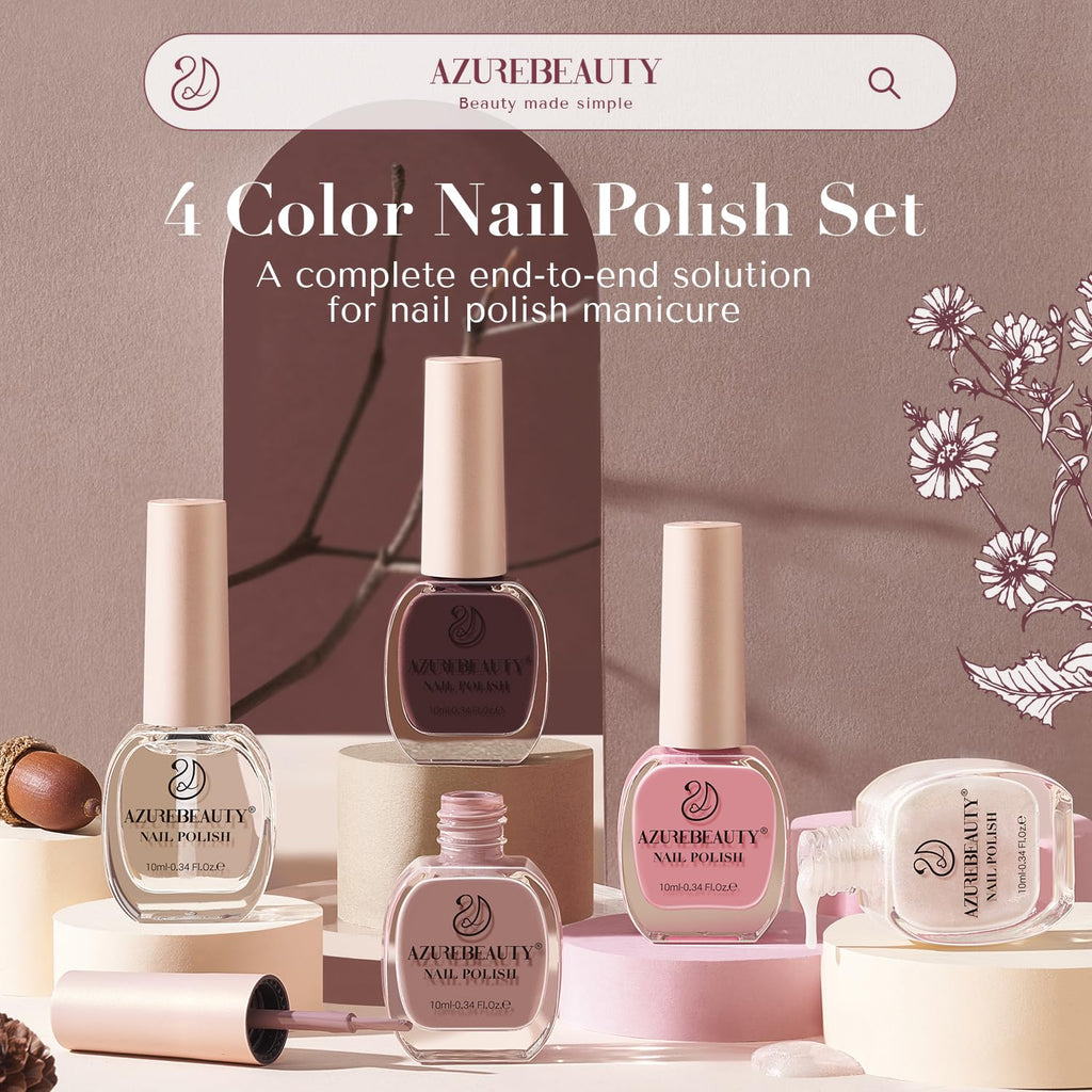 AZUREBEAUTY Nail Polish Set 4 Colors Brown Pink Glitter Nail Polish Quick Dry Natural Nail Lacquer Fingernail Kit with Top Coat DIY Salon Home