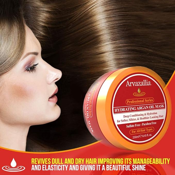 Arvazallia Hydrating Argan Oil Hair Mask and Deep Conditioner for Dry or Damaged Hair (8.45 oz Jar)