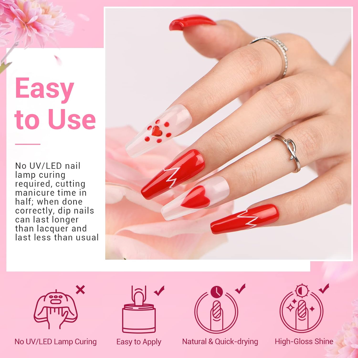 AZUREBEAUTY Dip Nails Powder Starter Kit, 4 Colors Pink Red Black Clear Dipping Powder System Liquid Set Recycling Tray with Base & Top Coat Activator Manicure Kit for Valentine's Day Gift.