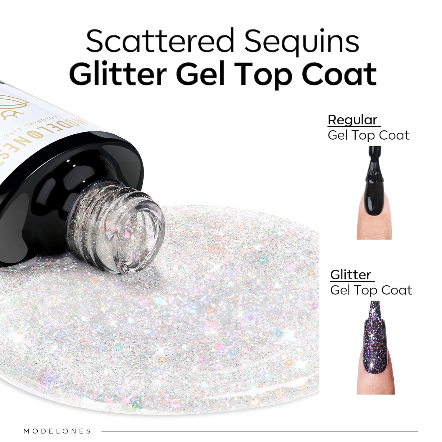 modelones Glitter Gel Nail Polish Top Coat, Rainbow Confetti Gel Top Coat with Scattered Sparkle Shimmer Sequins, Soak Off Long Lasting High Glossy Finish Home Salon DIY Manicure Nail Art 10 ML