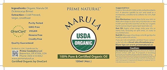 PRIME NATURAL Organic Marula Oil 4oz/120ml - USDA Certified - Cold Pressed, Unrefined, Virgin - 100% Pure, Natural, Vegan, Best for Face, Body, Hair, Nails, Skin Care