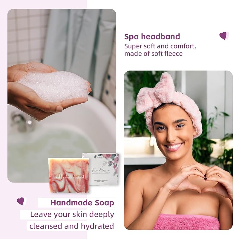 Natural Amor Relaxing Spa Gift Set for Women,Luxurious Bath Gift for her,7pc Bath & Body Gift Including Soap, Body Butter, Soy Candle, Bath Bomb