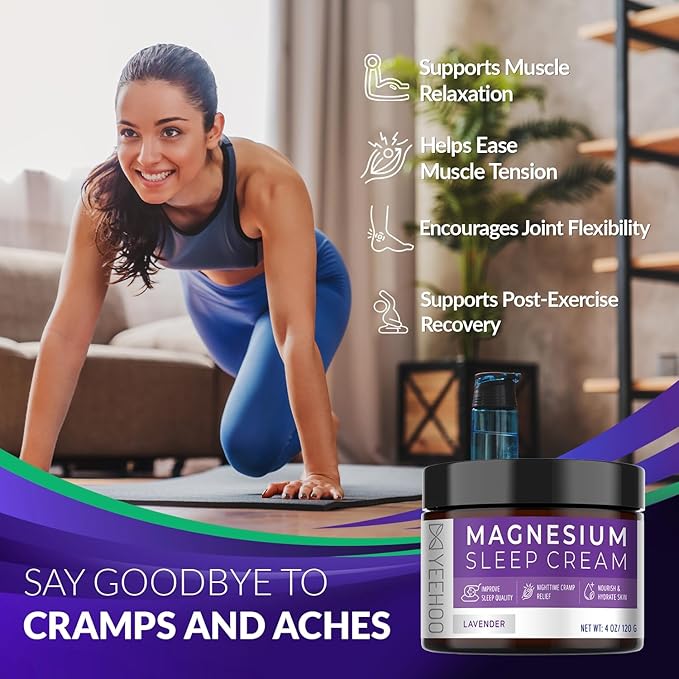 Magnesium Cream for Sleep: Topical Magnesium Chloride Cream Lotion for Leg Cramps PM Nighttime Cramp with Lavender Vitamin E Shea Butter (120G)