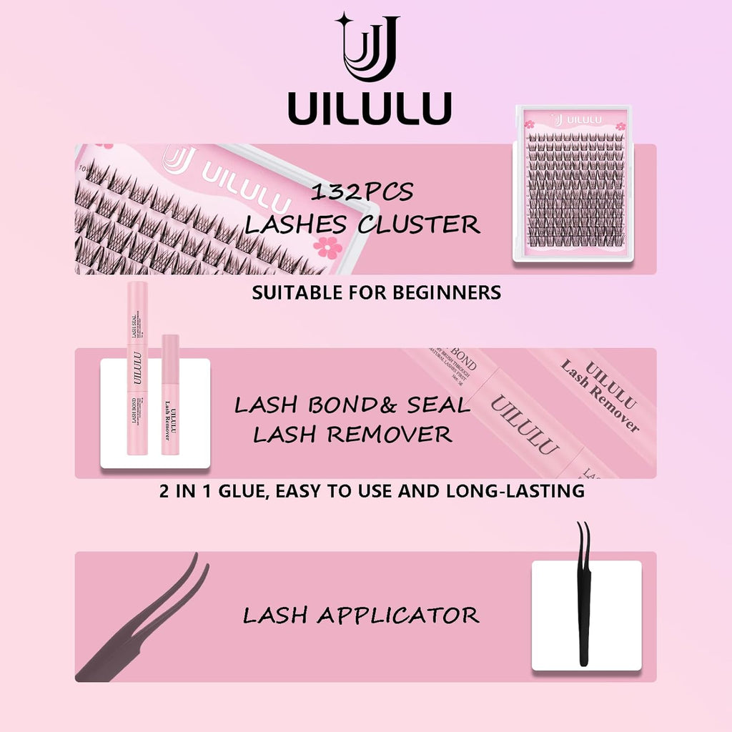 Lash Clusters kit 10-18mm DIY Lash Extension Kit 132 D Curl Lash Clusters 0.07D Wispy Individual Lashes Clusters False Eyelashes Natural Eye Lash Kits Extensions Kit U09 Kit