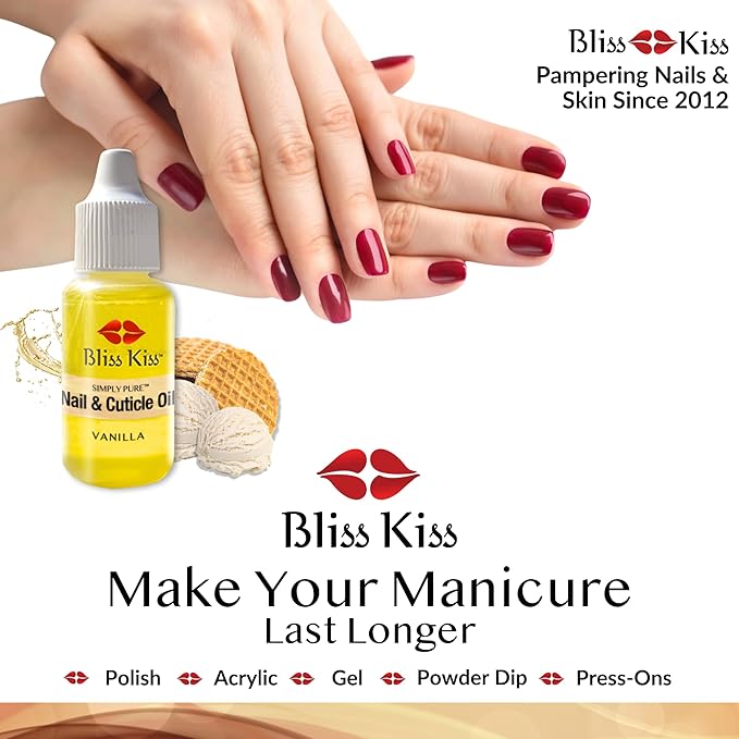 Bliss Kiss | Vanilla Fragrance | Nail Oil Cuticle Dropper w/Vitamin E & Jojoba⏤Nail Strengthener Nail Growth Serum for Brittle Peeling Breaking Thin Nails | 0.5oz |