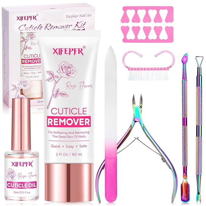 Cuticle Remover Kit - Cuticle Remover Cream & Cuticle Oil, Rose Flavor Cuticle Care Kit with Cuticle Trimmer Cuticle Pusher Cuticle Nipper for Manicure, Removedor de Cuticula for Nail Care