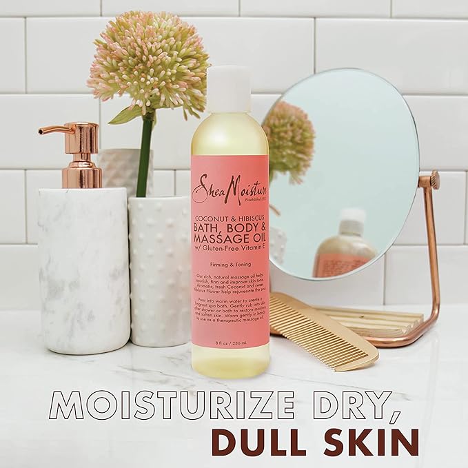SheaMoisture Bath, Body & Massage Oil, Coconut & Hibiscus, 2-Pack – Illuminating Moisturizer for Dry Skin, 8 Oz Ea