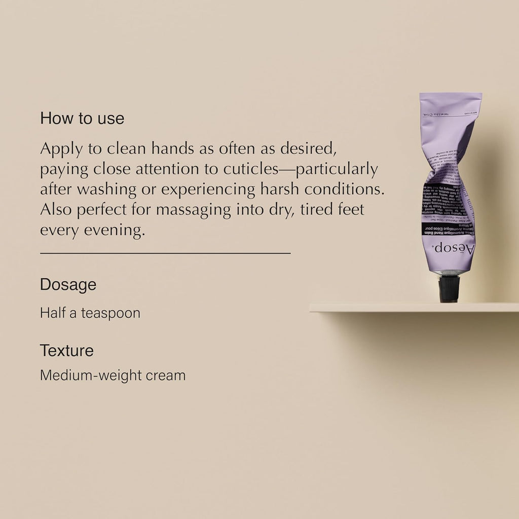 Aesop Eleos Aromatique Travel Size Hand Balm | Shea Butter and Coconut Oil to Nourish Dry, Cracked Hands | Lotion Made with Skin-Calming Essential Oils | 2.4 oz / 75 mL