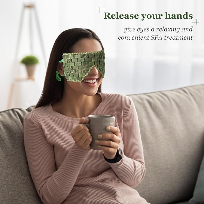 Jade Eye Mask,Large Facial Cooling Mask with Green Ear Strings 100% Real Jade for Hot & Cold Therapy,Green Jade Facial Eyes Sleeping Mask Relief Eye Cover