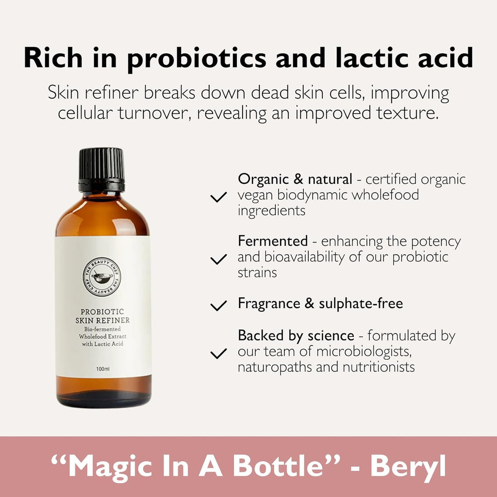 The Beauty Chef Probiotic Skin Refiner, Bio-Fermented Exfoliating Toner for Smooth & Radiant Skin, Hydrating & Nourishing Formula with Probiotics & Lactic Acid, 3.38 fl. oz / 100mL