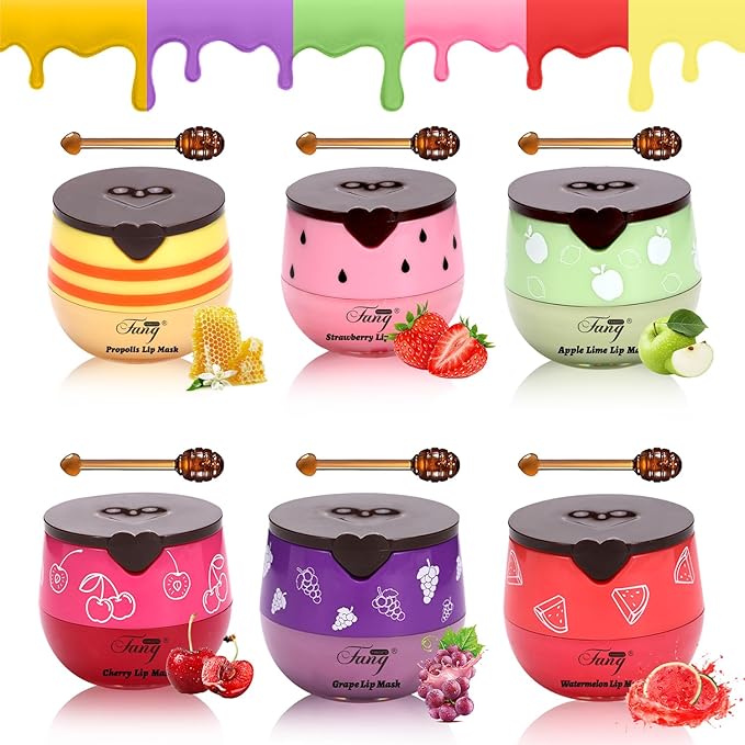 6 PCS Bee Lip Balm Honey Pot, Honey Strawberry Watermelon Apple Vanilla Peach Bee Lip Balm Sleeping Lip Mask Overnight with Sticks, Honey Pot Lip Balm Exfoliating Prevention Dry and Crack Lip Scrubs