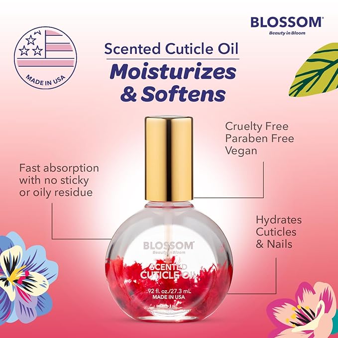 Blossom Cuticle Oil for Nails, Hydrating, Moisturizing, Scented Nail Oil Cuticle Care, Infused with Real Flowers, Made in USA, 0.92 fl. oz, Raspberry