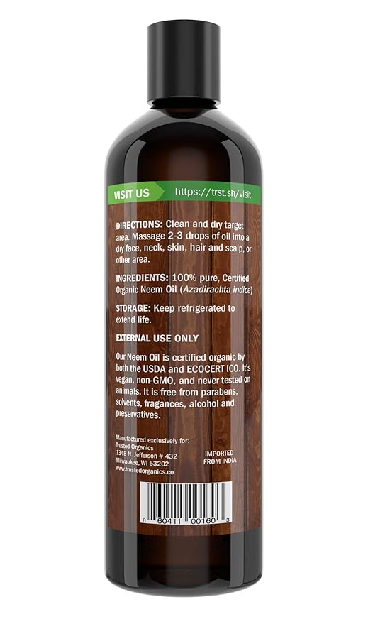 Organic Neem Oil, 100% Pure, Cold Pressed 16 Fluid Ounces
