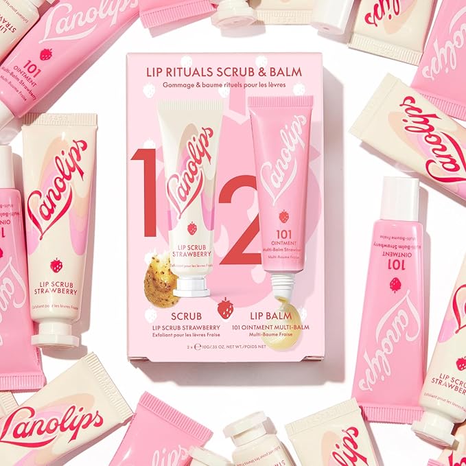 Lanolips Strawberry Lip Scrub & Lip Balm Set - Lip Rituals Lip Care Kit Infused with Pure Lanolin & Strawberry Extract - Gently Smoothes and Hydrates Dry Skin (2 Count)