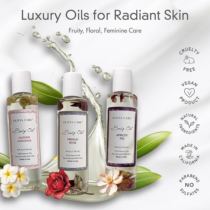 Olivia Care 3 Pack Body Oils: Apricot Fig, French Rose, Jasmine Gardenia - Natural Perfume Oils For Women & After Bath Oils Body Moisturizers, Rich in Vitamin E, K, & Omega (3 Scents)