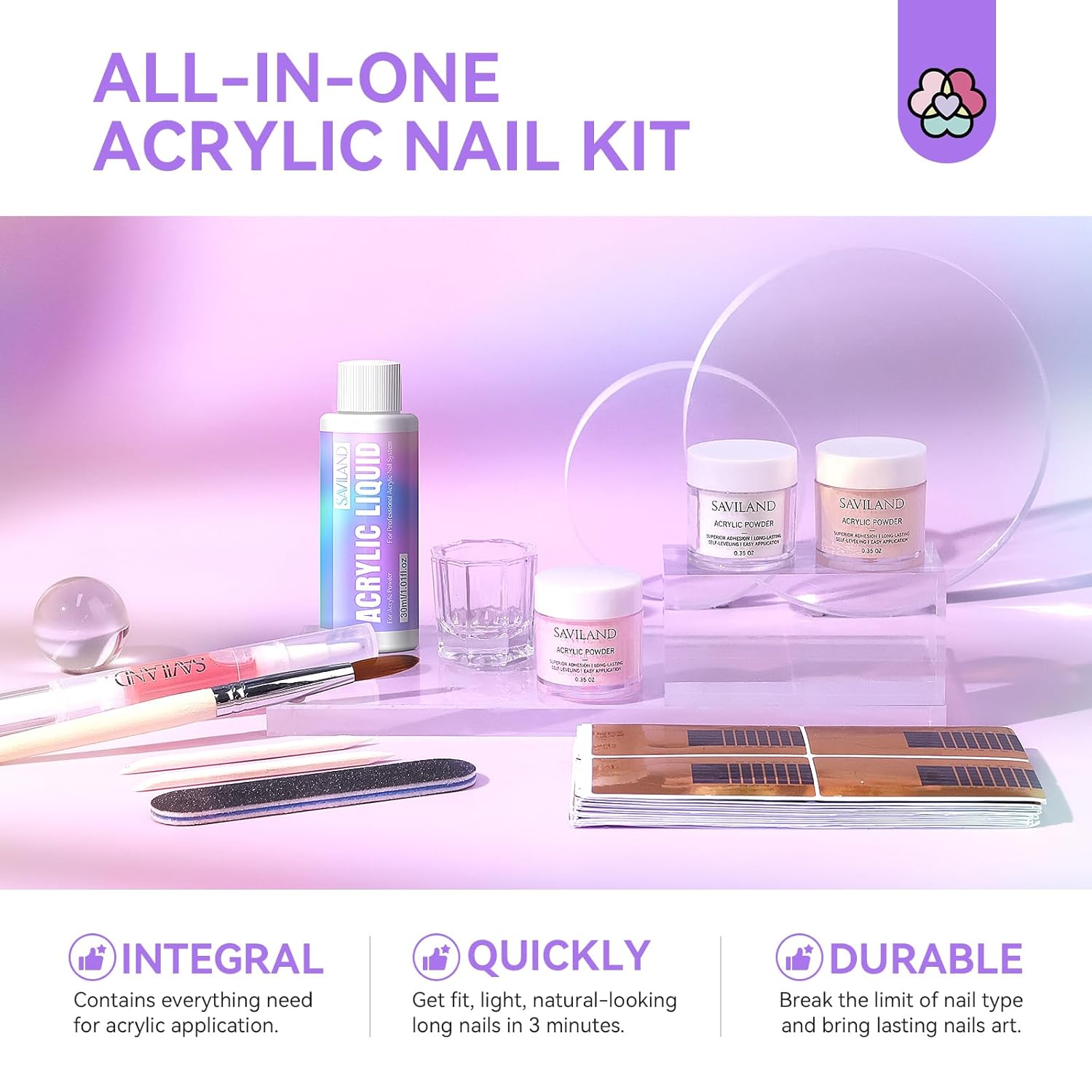 SAVILAND Essentials Acrylic Nail Kit for Beginners: Clear Nudes Pink Acrylic Powder and Liquid Set with #12 Acrylic Nail Brush Cuticle Oil Pen Forms Tools Extension Nail Kit with Everything Home DIY