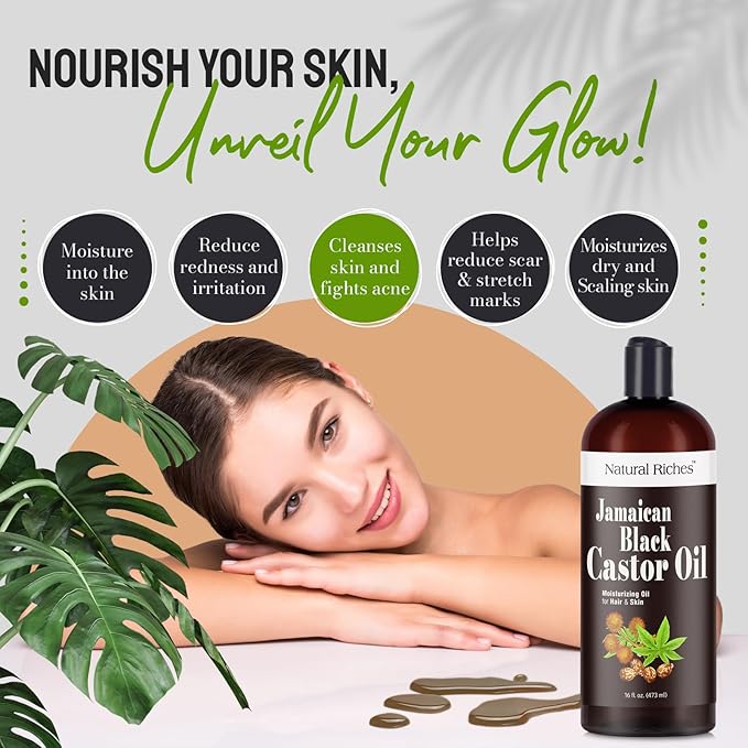Natural Riches Jamaican Black Castor Oil Pure Organic Cold Pressed for Hair Growth Skin Care for Dry Skin Conditioning Eyebrows Eyelashes Scalp and Nail Moisturizes & Repairs 16fl.oz.