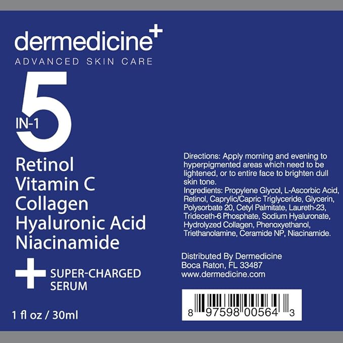 5 in 1 Potent Face Serum with Retinol, Vitamin C, Collagen, Hyaluronic Acid, Niacinamide | May Help Improve Appearance of Fine Lines and Reduce Appearance of Dark Spots | 1 fl oz / 30 ml