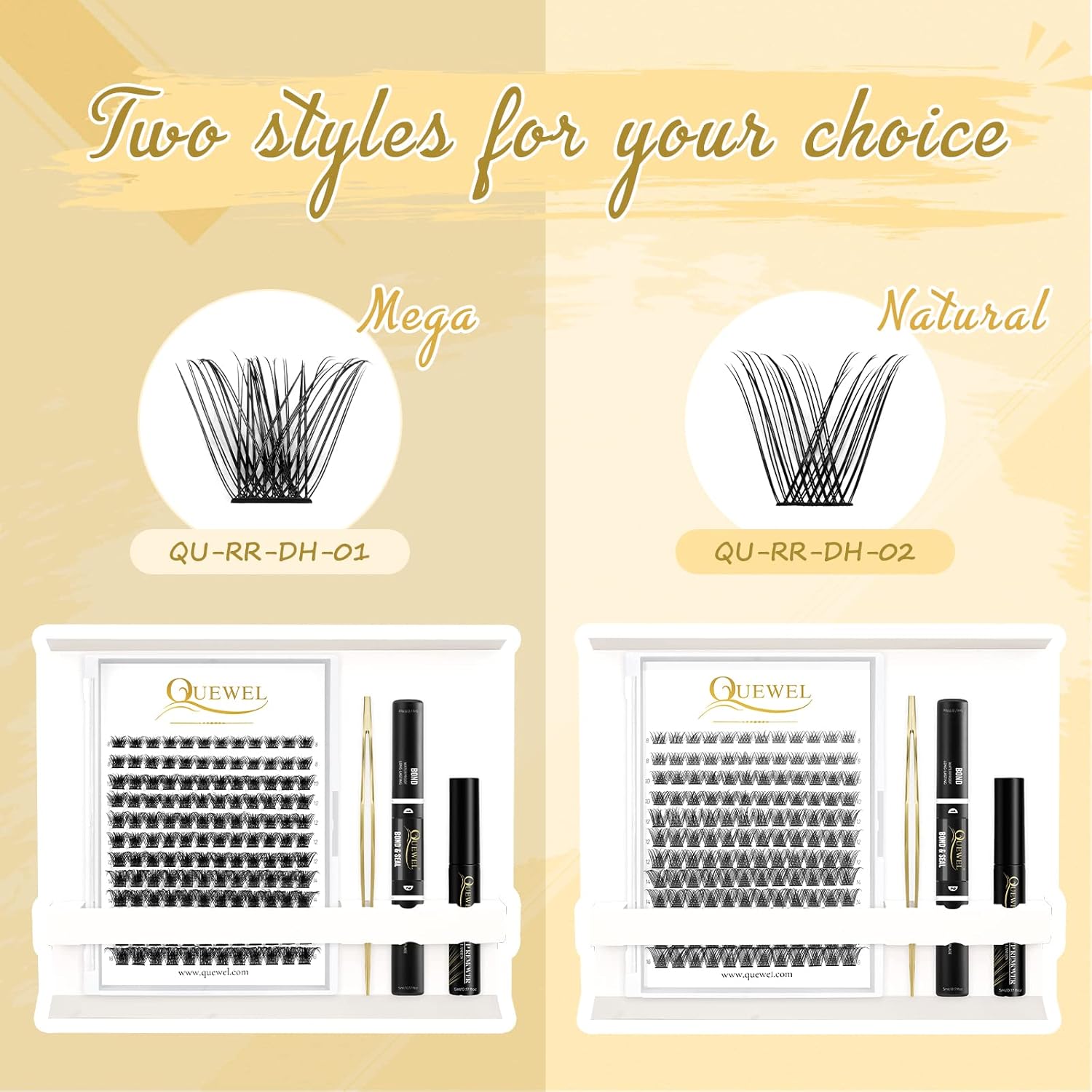 QUEWEL DIY Lash Extensions Kit Lash Clusters 144 Pcs, Cluster Lashes Golden Lashes Tweezers, Eyelash Clusters Bond and Seal Waterproof, Cluster Lash Glue Remover for DIY Lash Extensions (QU-RR-DH-02)