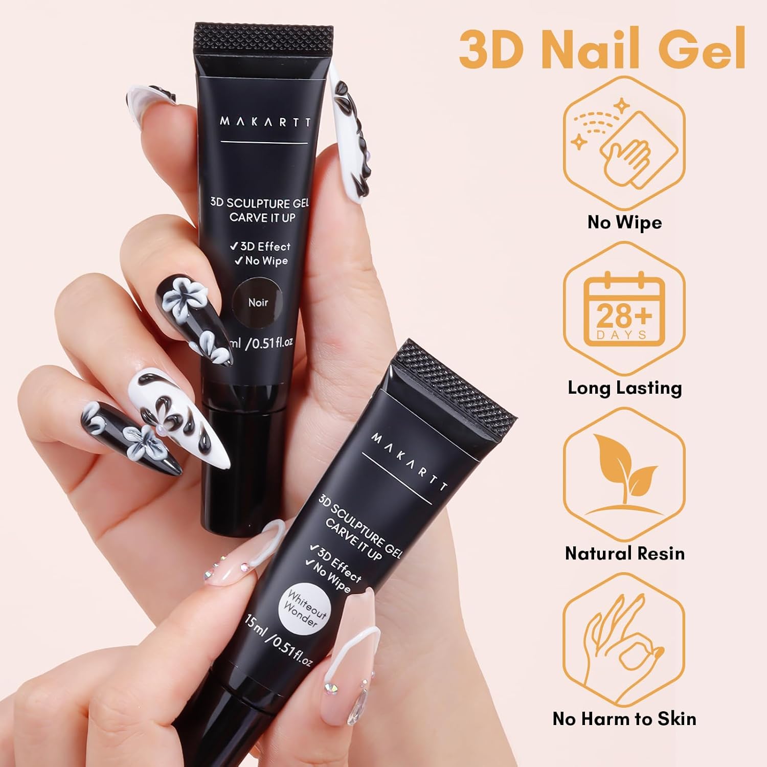 Makartt 3D Gel Nail Art: White and Black Sculpting Candy Molding Gel No Wipe Craving Embossed Gel Polish Set for Decoration Manicure Charm Designs (Whiteout Wonder & Noir)