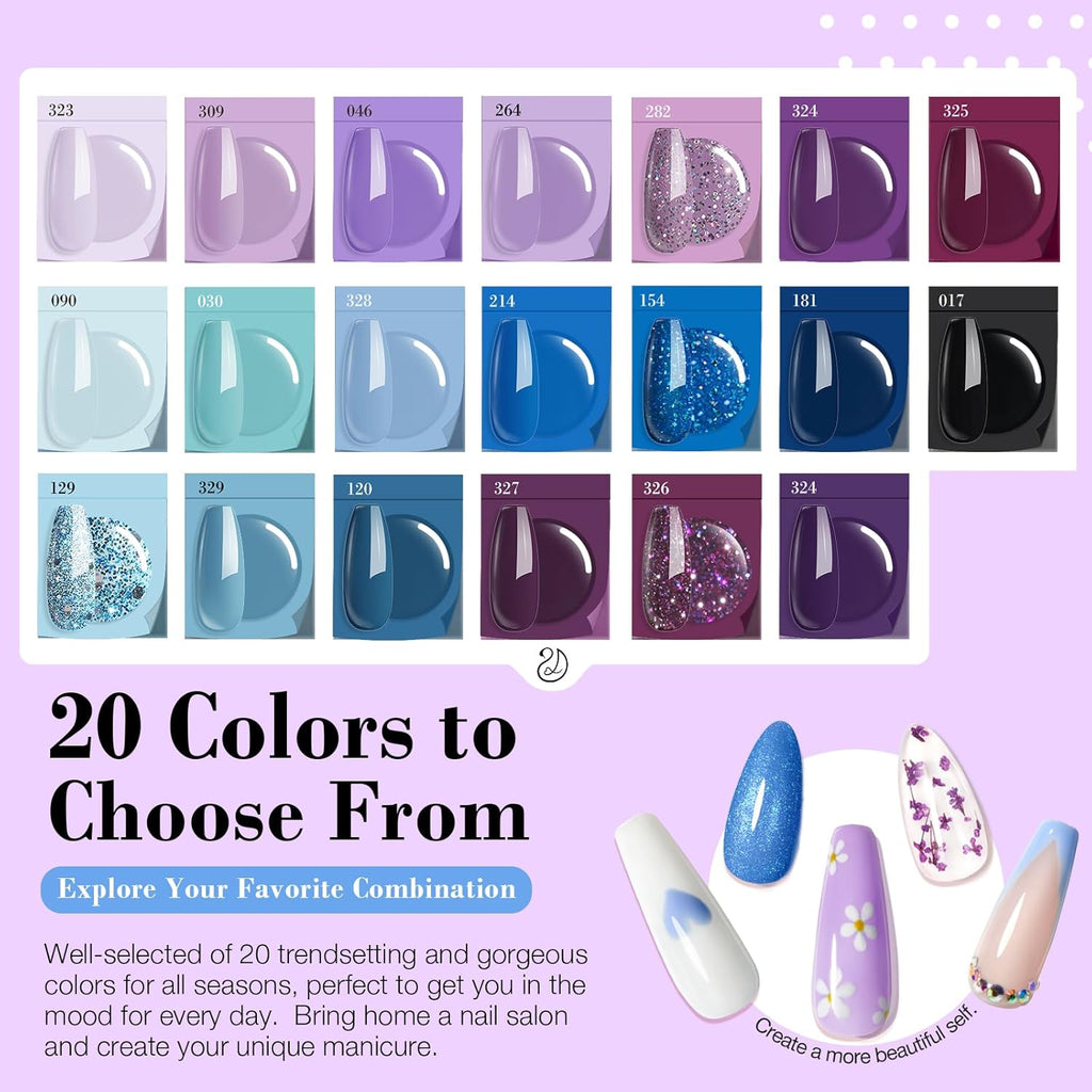 AZUREBEAUTY Dip Powder Nail Kit Starter, 20 Colors Purple Blue Glitter Dipping Powder Recycling Tray Essential Liquid Set Base Top Coat Activator French Dip Nails Art Manicure Beginner Salon 31 Pcs