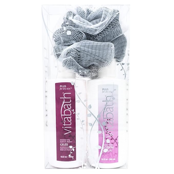 Vitabath Plus For Dry Skin Everyday Skincare Set Moisturizing Shower Gel Wash, Reviving Lotion & Exfoliating Body Scrubber Pouf - Nourishing Foam Cleanser & Dry Skin Hydration for Women & Men