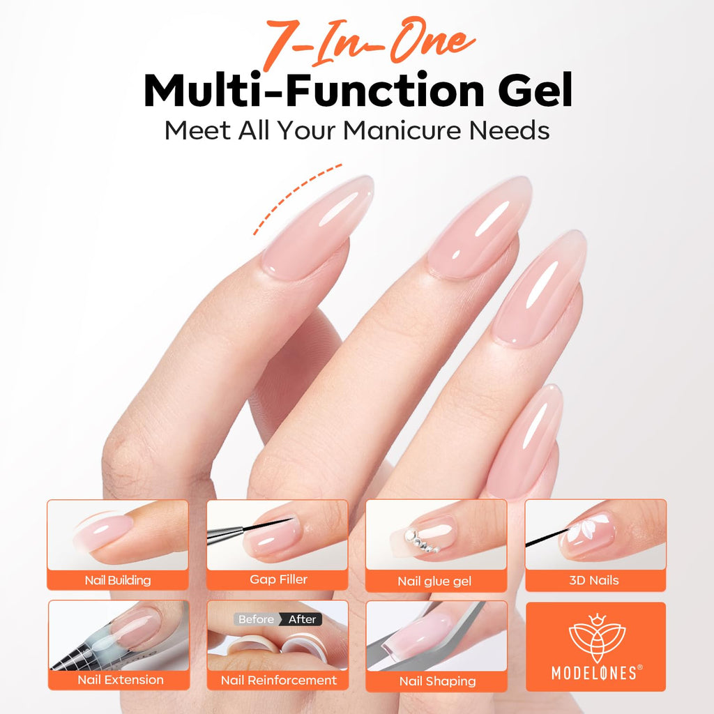modelones Builder Nail Gel, 7-in-One Clear Builder Nail Polish with Detachable Liner Brush, 15ml LED Lamp Cured Rubber Base Gel Polish Strengthener Color Base Coat Thickening Solution