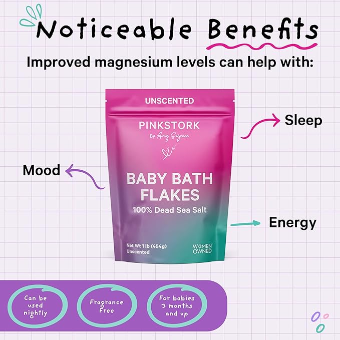 Pink Stork Baby Bath Flakes, Calming Fragrance Free Magnesium Bath Salts for Infants and Toddlers to Help Soothe Diaper Rash, Irritation, and Support Restful Sleep Without Melatonin - 16 oz