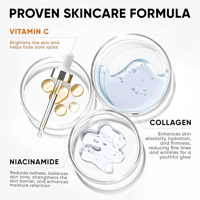 Vitamin C Serum 20%, Anti Aging Stem Cell Serum for Face with Hyaluronic Acid, Collagen Peptides, Vitamin E, Korean Skin Care Brightening Dark Spot Corrector for Wrinkles, Age Spots & Fine Lines, 1 oz