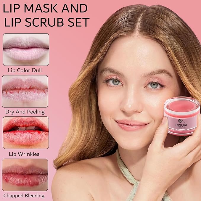 Lip Mask and Lip Scrub Set - Moisturizing Lip Scrub for Exfoliating and Smoothing Lips, Cruelty-free - Improves Texture, Hydrates, and Softens Chapped, Dark Lips Skin - (Strawberry)