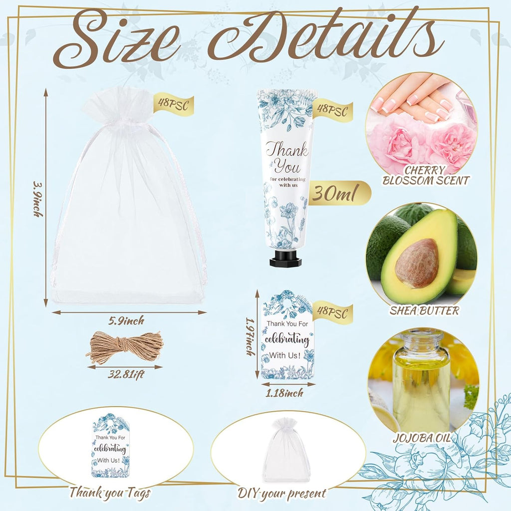 48 Sets Baby Shower Hand Cream Party Favors for Guests Gift Bulk Travel Size Hand Lotion Set for Baby Shower Wedding Christmas(Blue Flower)