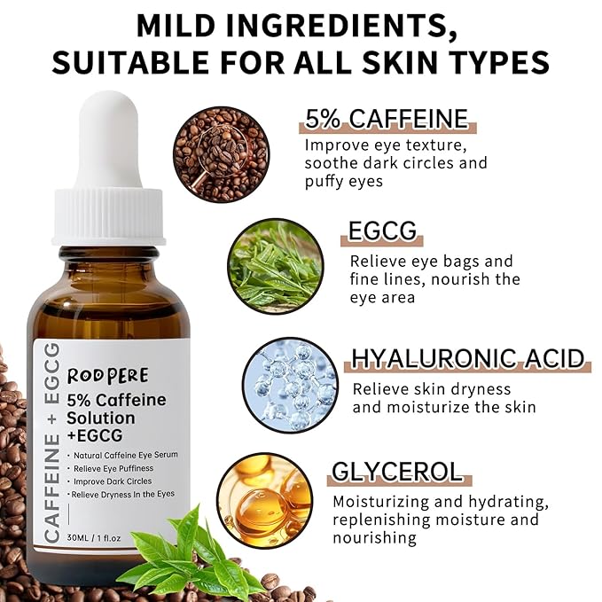 Caffeine Eye Serum With EGCG For Dark Circles and Puffiness, Anti Aging 5% Caffeine Solution For Puffy Eyes, Fine Lines, Moisturizing Under Eye Serum, 2PCS.