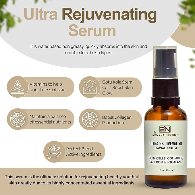 Ultra Rejuvenating Face Serum Rejuvenate Skin, Elasticity and Tone, Skin Glow, Maximum Moisturizer -Stem Cells, Collagen, Saffron, Squalane, Niacinamide, Hyaluronic acid, Panthenol