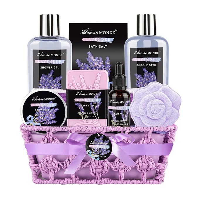 Spa Gift Basket Set, Lavender Home Spa Gift for Women With Shower Gel, Bubble Bath, Body Butter, Bath Salt, Bomb, Oil, Soap - Gift Idea for Mother, Girlfriend, Wife